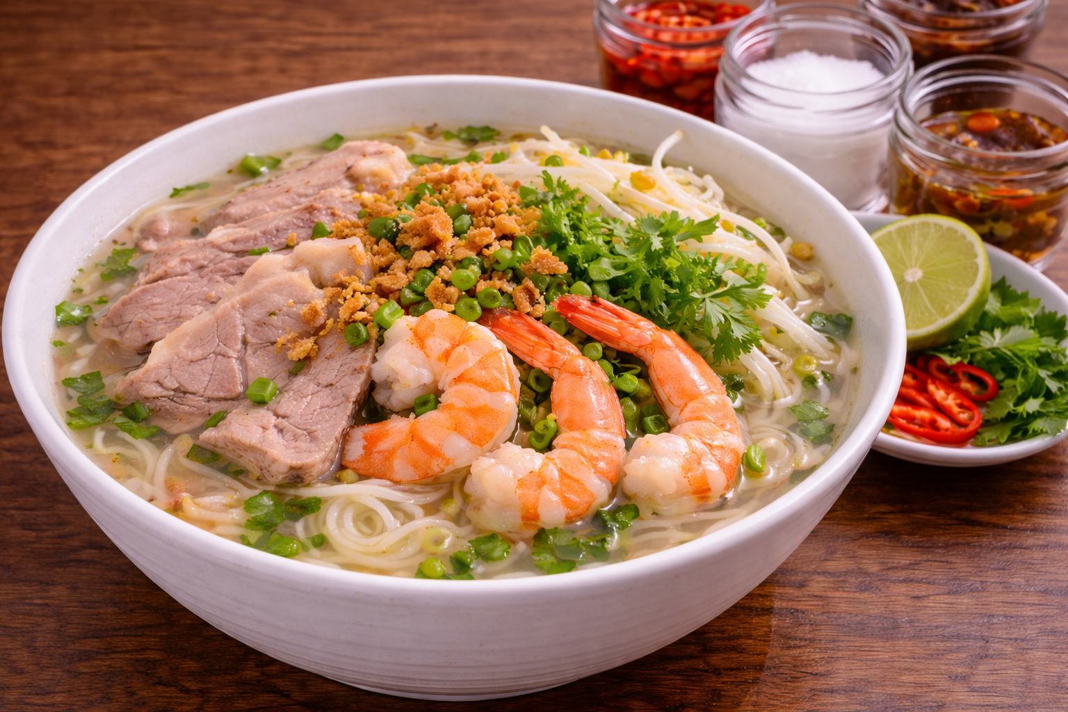 カンボジアの定番クイティウの完成品　盛り付け画像 