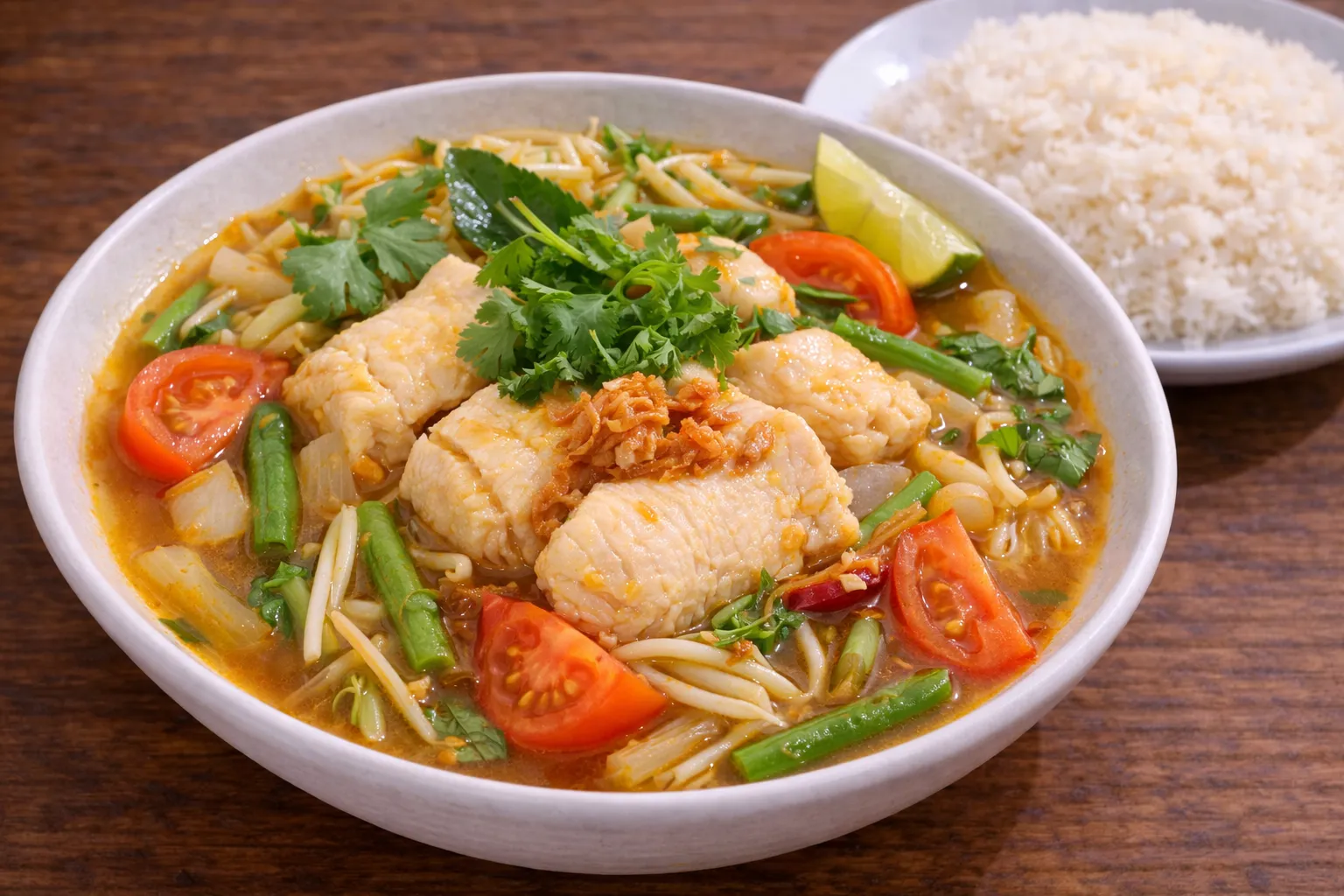 カンボジアの定番サムローマチューの完成品 盛り付け画像