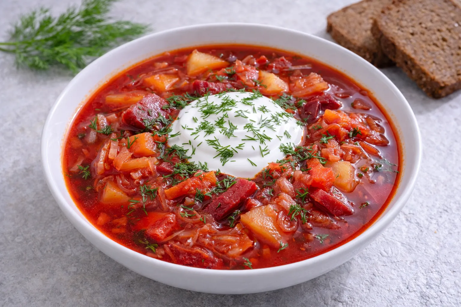 ウクライナの定番ボルシチの完成品 盛り付け画像