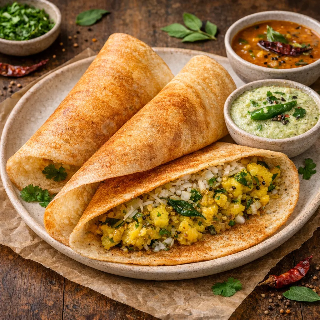 インドの定番マサラドーサの完成品 盛り付け画像