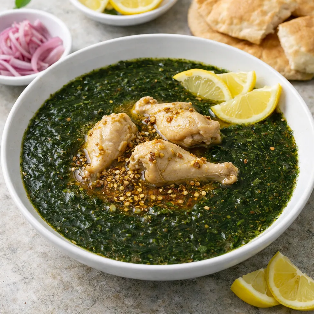 エジプトの定番モロヘイヤスープの完成品　盛り付け画像 