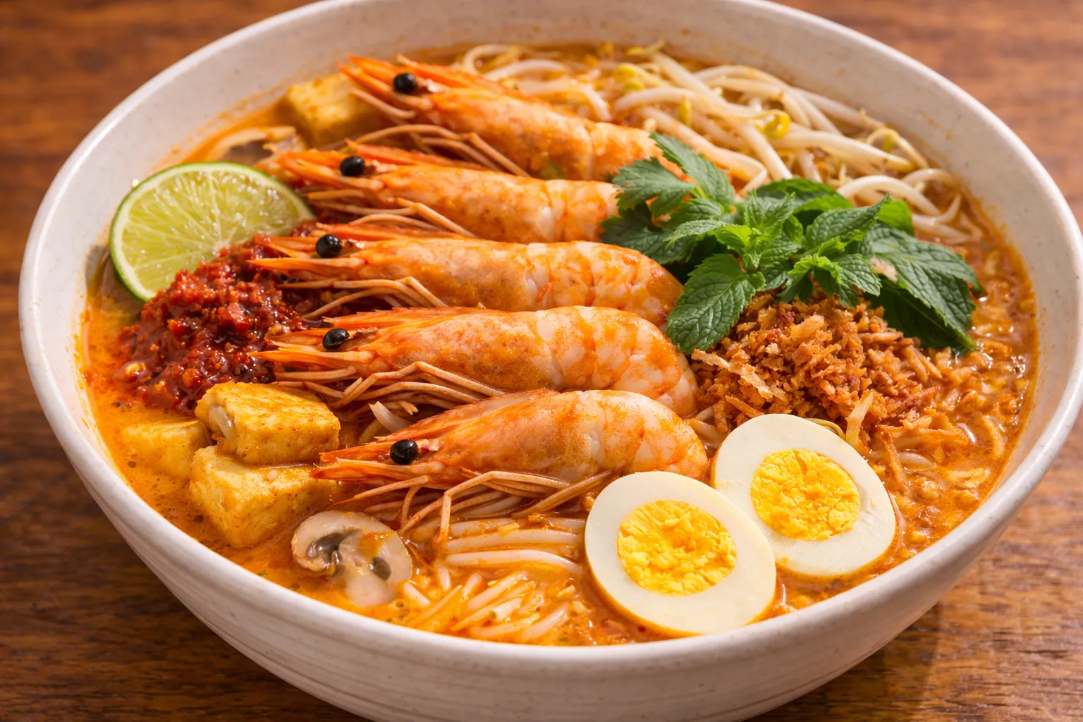 マレーシアの定番完成したラクサの盛り付け画像