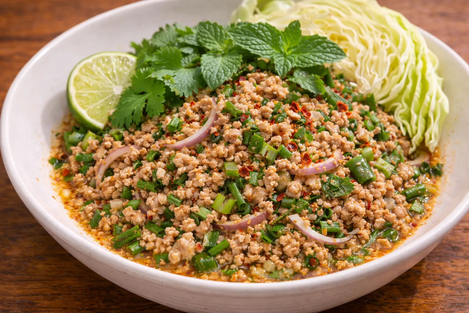 タイ・ラオスの定番ラープの完成品 盛り付け画像