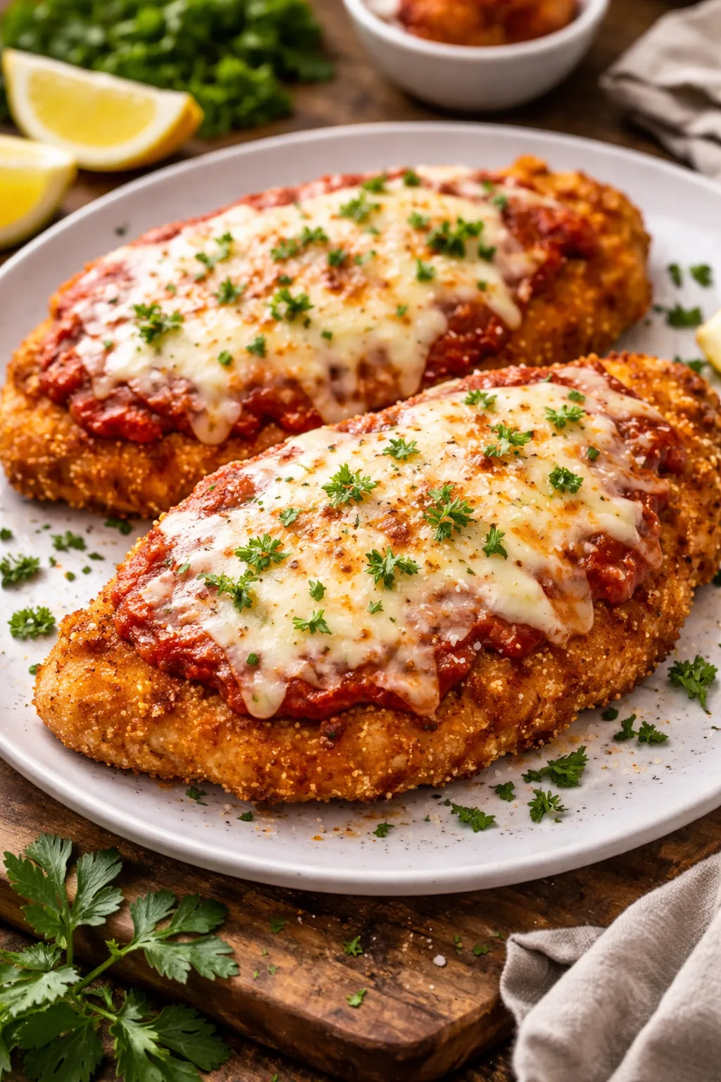 オーストラリアの定番チキンパルミジャーナの完成品　　盛り付け画像