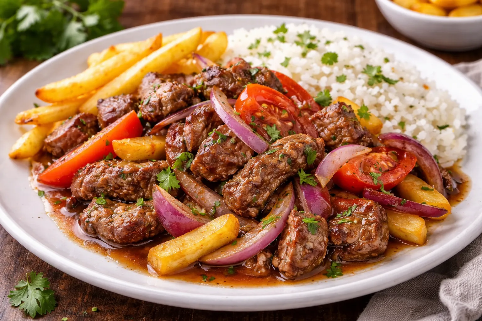 メキシコの定番ロモ・サルタードの完成品 盛り付け画像